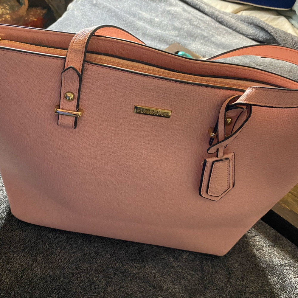 Elim and Paul pale light blush pink tote synthetic leather with bag tag accent